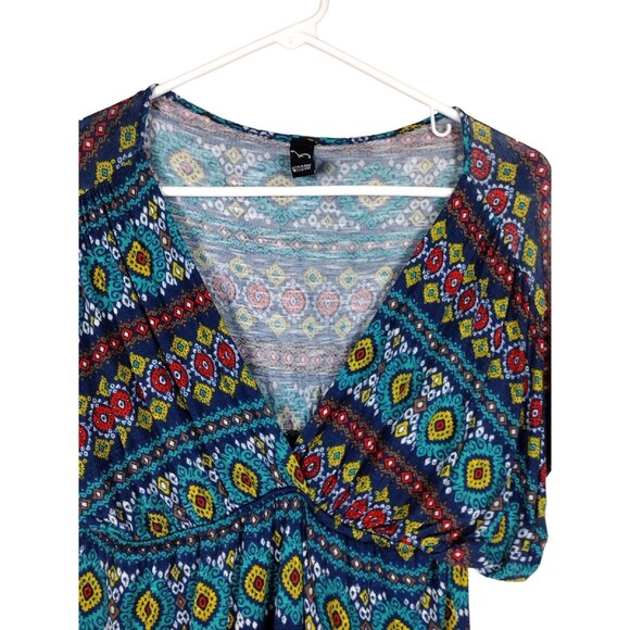 Windsor Womens Medium Blouse Blue Yellow Pullover Short Sleeve Lined V Neck - Picture 3 of 5